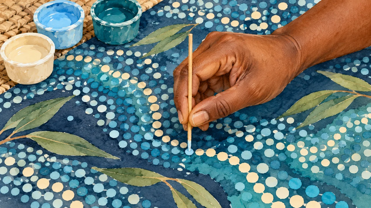 Watercolour close-up of one artist’s hand placing a pale blue dot on a blue and teal painting with soft green leaf shapes.