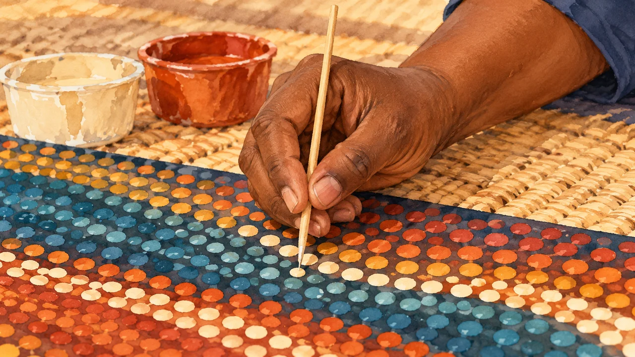 Watercolour close-up of one artist’s hand using a slender wooden stick to place a cream dot among ochre, rust and teal dots.