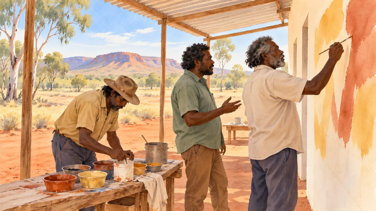Watercolour impression of three men working together at a modest desert school wall, with the painting surface mostly out of view.
