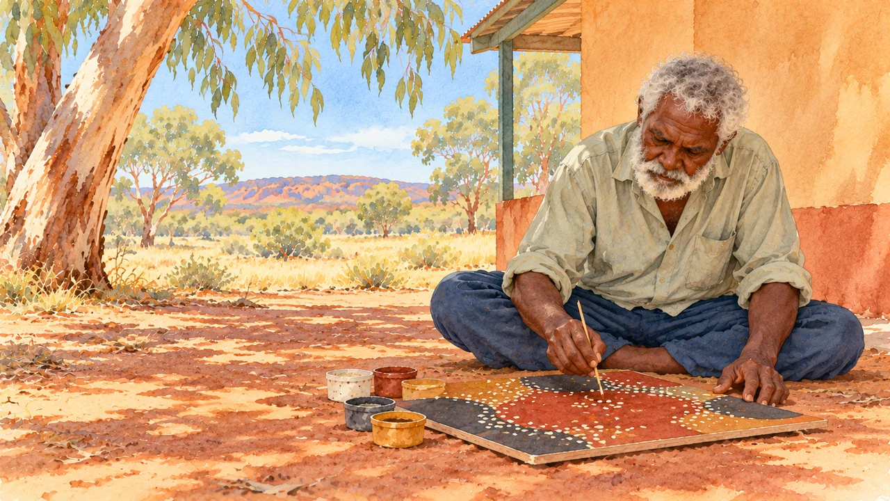 Watercolour impression of one man seated on the ground in the shade, applying dots to his own small painted board.