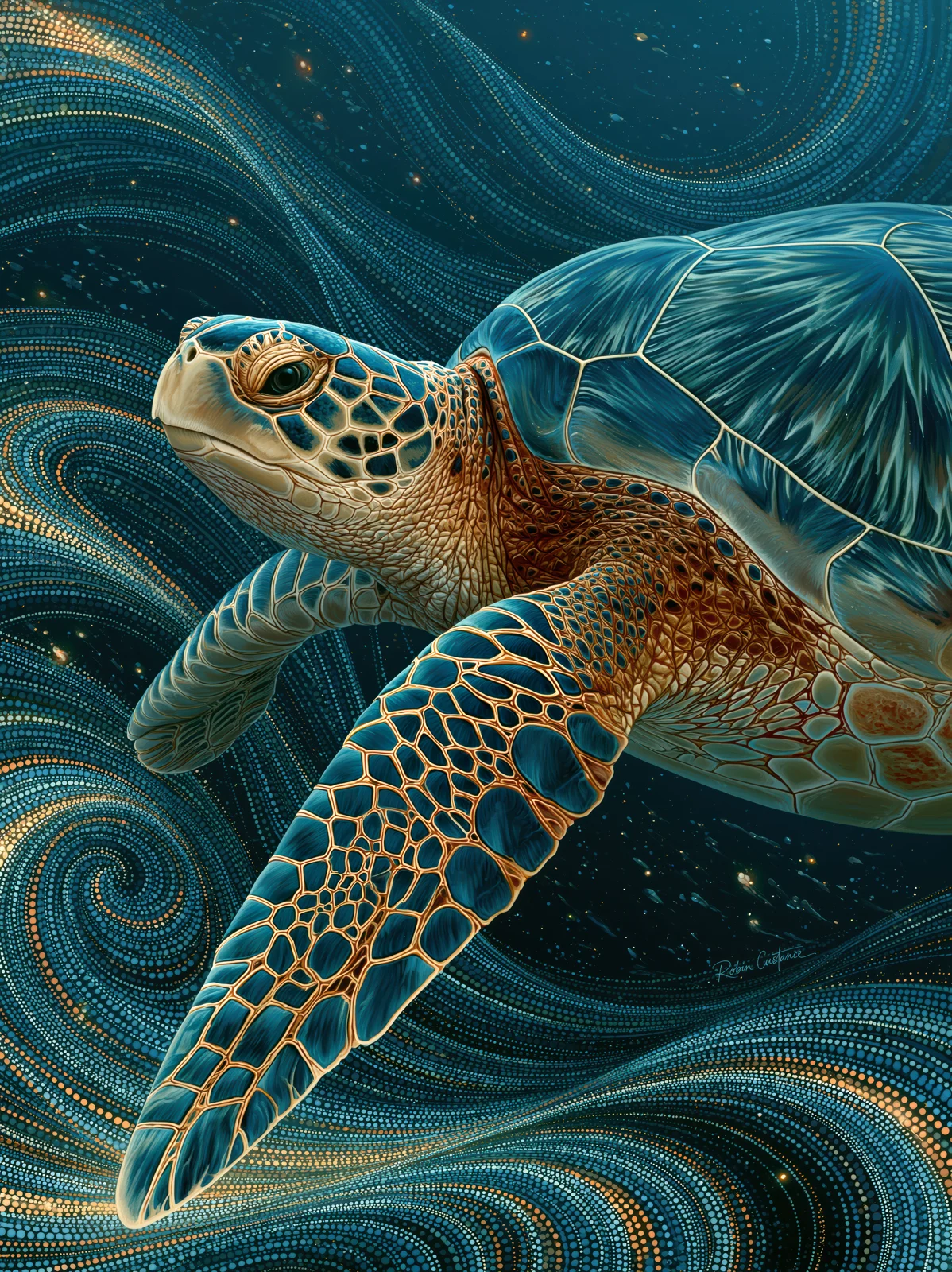 Close sea turtle portrait facing left, with a gold-outlined teal flipper extending towards the lower left and dotted blue-green currents behind it.
