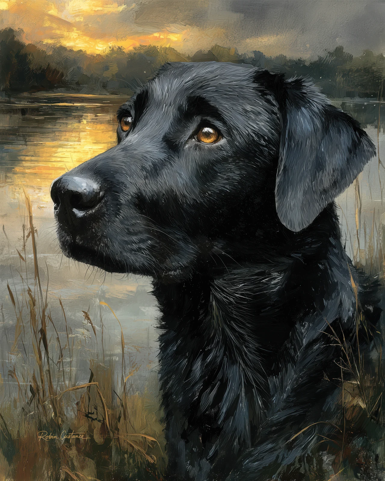 Close black Labrador portrait facing left, with amber eyes and fine silver-blue coat detail, against softly textured golden lake water and dark distant trees.
