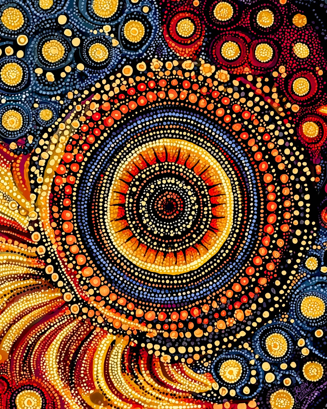 A large concentric circle glows in gold, orange and cream while smaller red and blue rings orbit through a black patterned field.