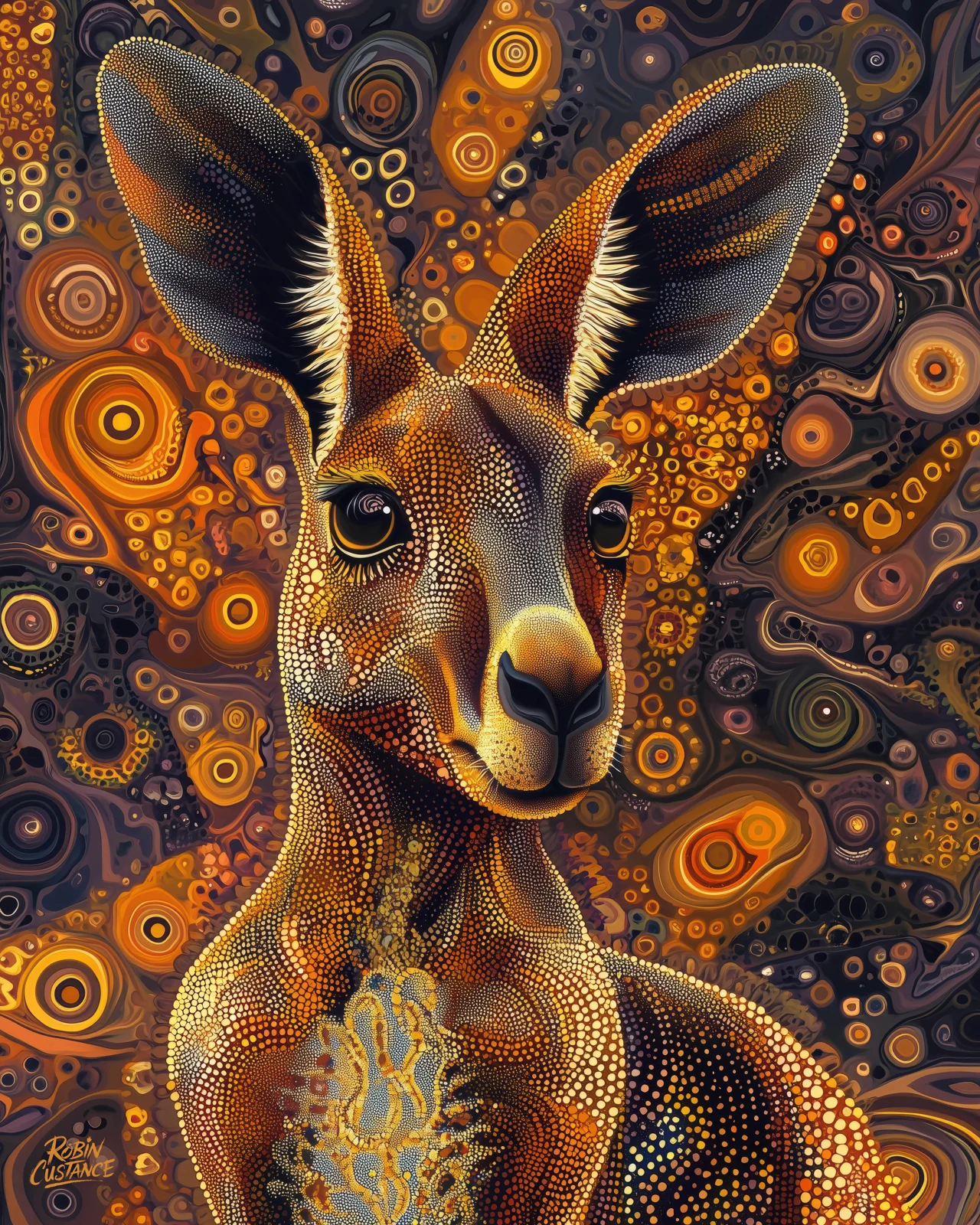 A kangaroo looks directly out from a dense field of brown, orange and gold circles, with fine dot-style detail travelling through both the animal and the background.