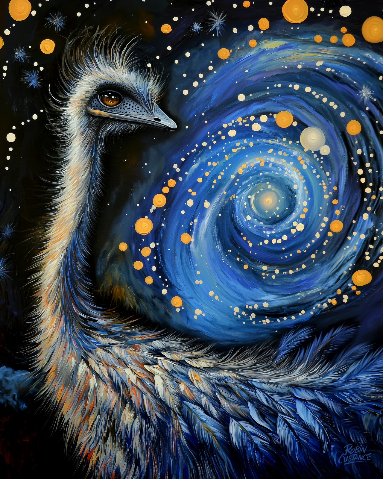 A stylised emu stands beneath a black star-filled sky, with a deep blue spiral sweeping across its body and warm gold points of light scattered around it.