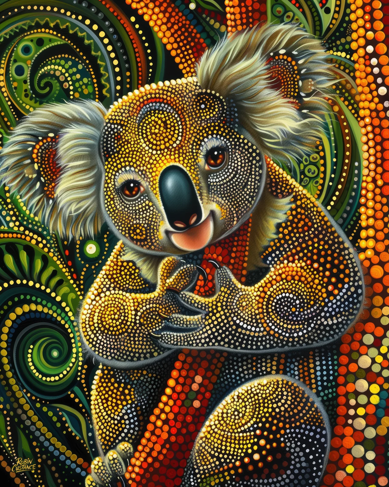A koala faces forward against a dense green, orange and black field of spirals, circles and sweeping dot-style bands.