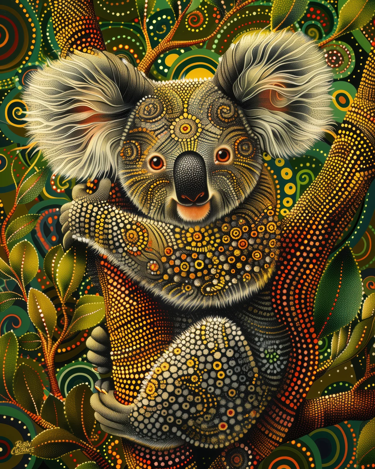 A young koala clings to a tree trunk beneath a dense field of green, gold and orange circular detail, its pale ears and warm brown-grey face standing out against the darker foliage.