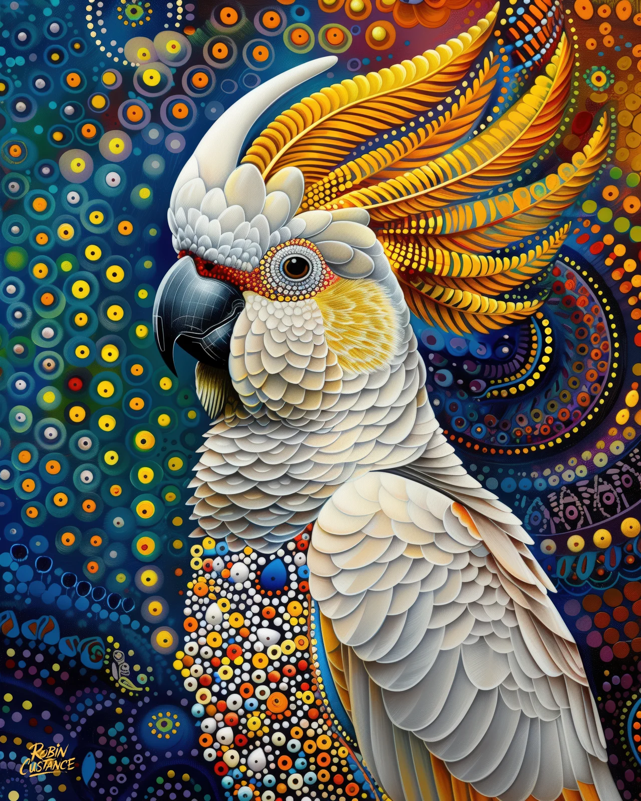 A white cockatoo stands tall against a richly patterned field of blue, green, orange and navy, its golden crest sweeping upward like a fan.