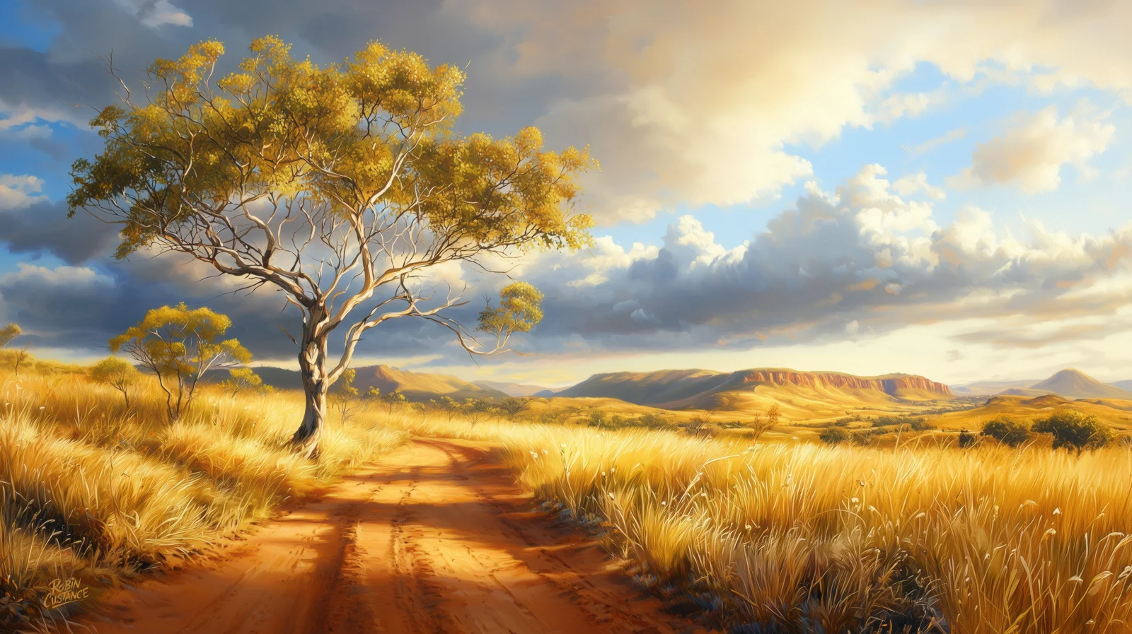 A red dirt track runs through glowing golden grass towards a lone tree, with broad cloud and distant low hills opening across the horizon.