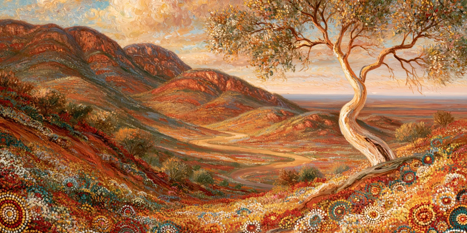A pale winding route passes through red and blue-grey hills beneath a twisting tree on the right, with cream, teal, red and gold circular floral patterns in front.