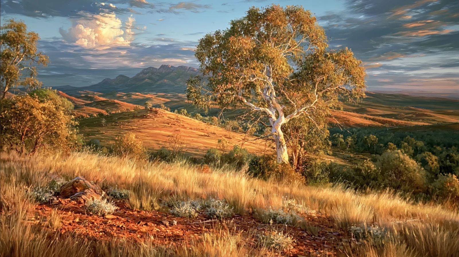 A large pale-trunked tree stands among golden grasses and red stones, overlooking ochre and olive hills beneath distant blue-grey peaks and layered clouds.