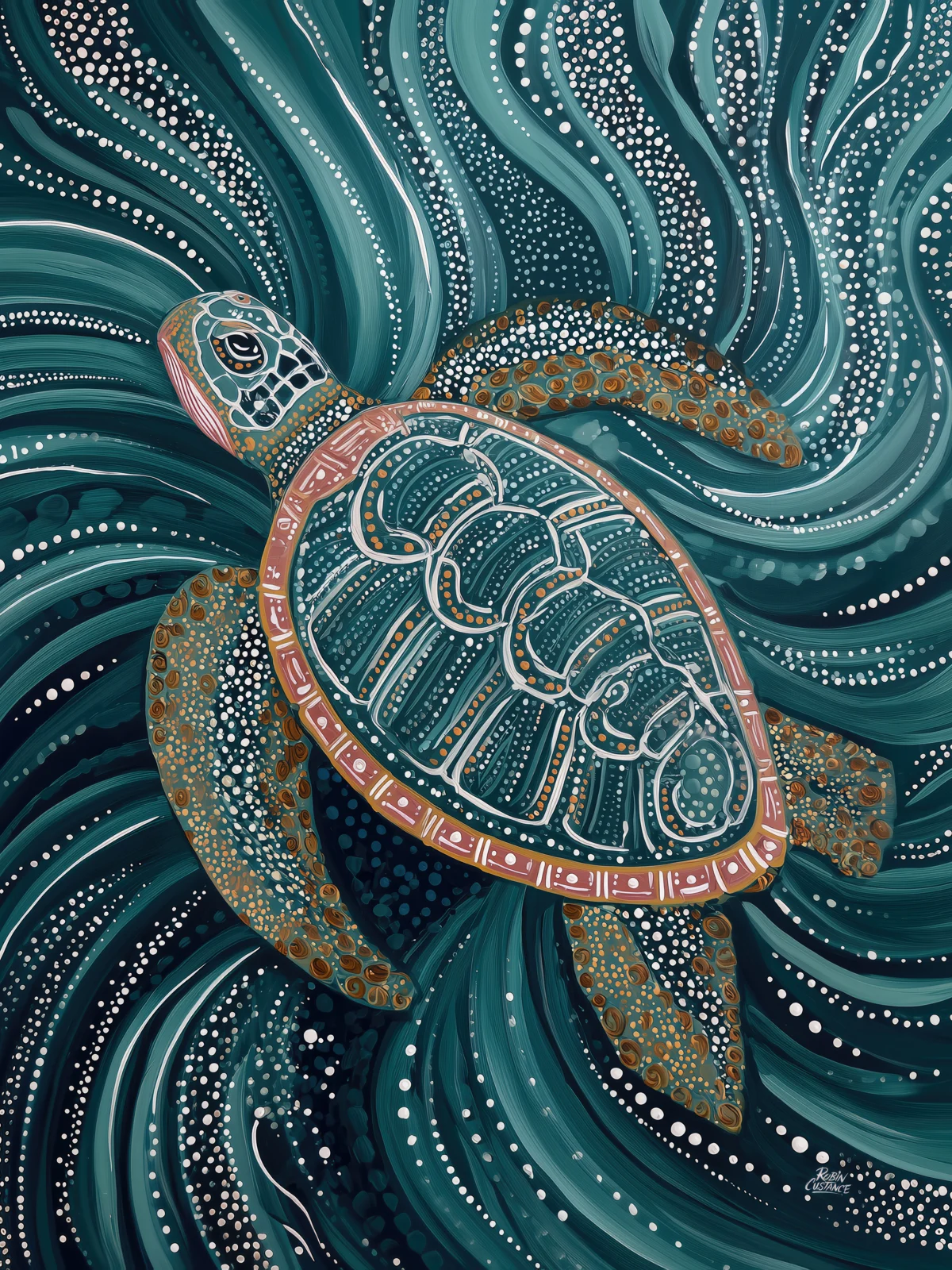A sea turtle sweeps diagonally through teal and deep-blue currents, its shell edged with warm copper, cream and muted pink detail.