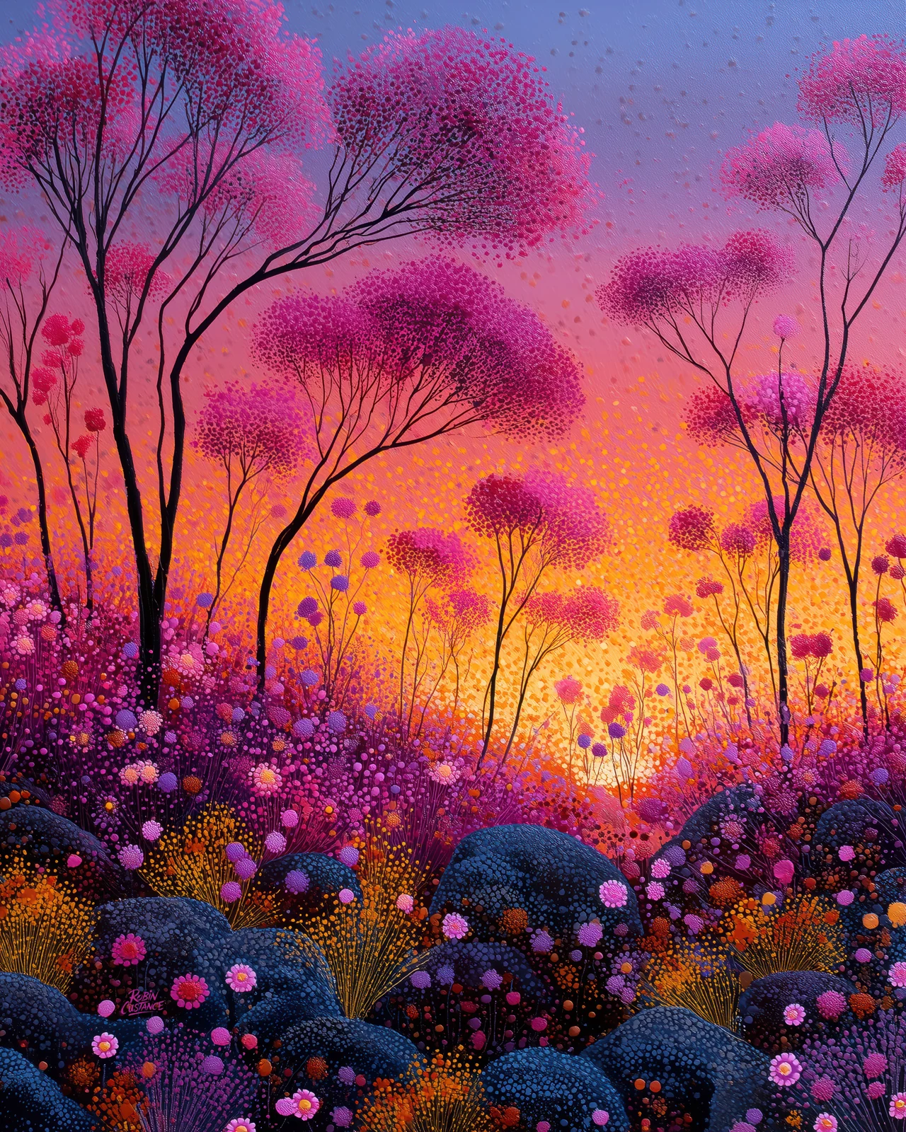 Slender dark trees rise through a glowing field of pink, purple and orange, surrounded by rounded flower-like forms and dense dot-style detail.