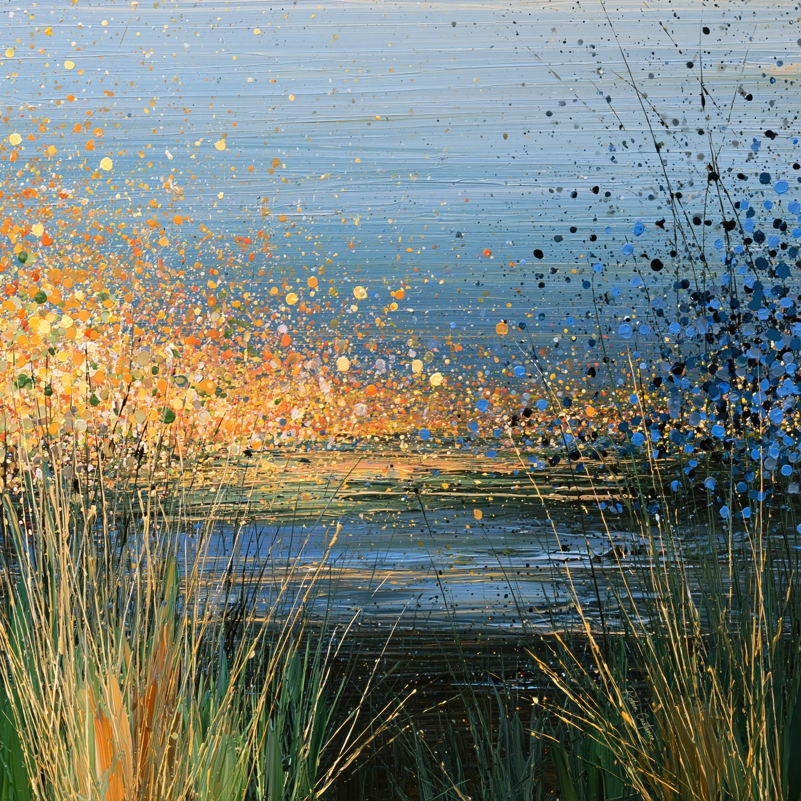 Golden and apricot floral-like marks rise on the left, cobalt and dark blue marks on the right, with fine grasses and a quiet blue-green water-like centre.