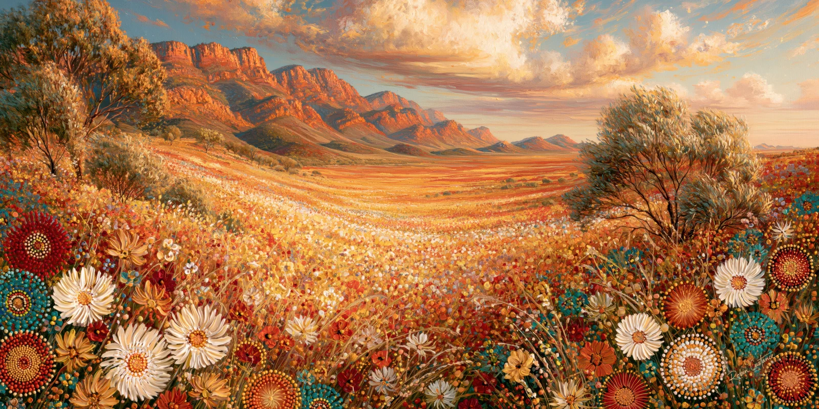 Wide landscape with large cream and red flowers across the foreground, teal and gold circular details, trees on both sides and orange mountains beneath peach clouds.