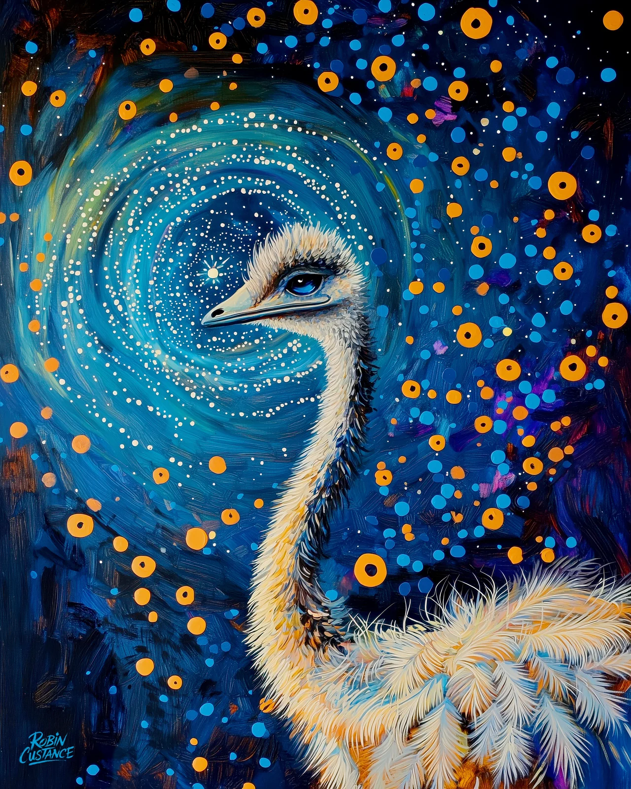 A pale emu rises through a swirling blue field of stars and orange circular accents, its long neck curving towards a bright spiral behind the head.