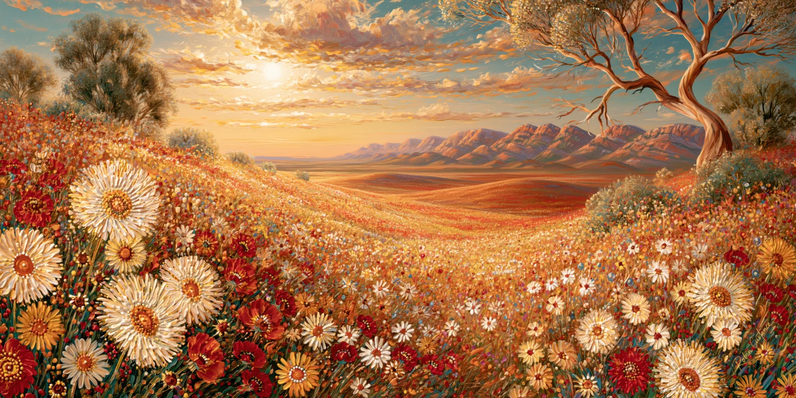 Cream, red and yellow flowers fill a sloping foreground beneath a low sun at upper left and a large twisting tree at upper right, with mountains in the distance.