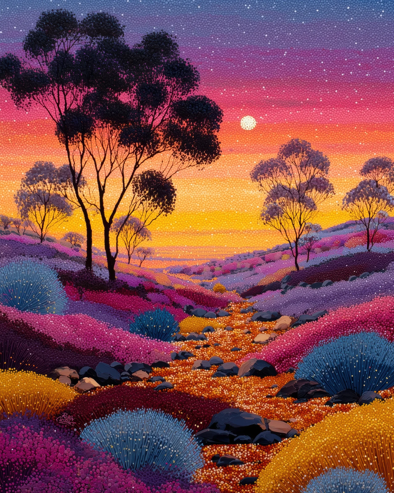 A dark central tree stands above a winding orange creek as purple, pink and blue ground rolls away towards a bright sunset.