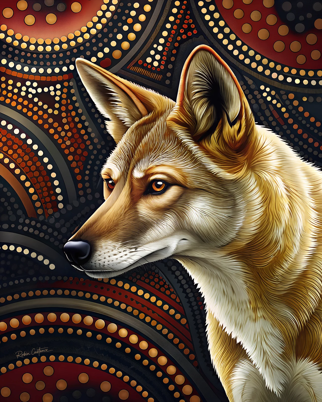 Close side-profile portrait of a golden dingo-like wild dog with alert ears against red, ochre and charcoal dot-inspired curved patterns.