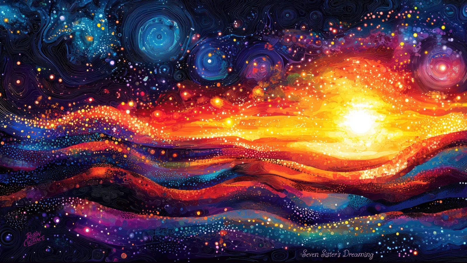 Deep blue and violet give way to red, orange and gold as a bright sun gathers the landscape around it.