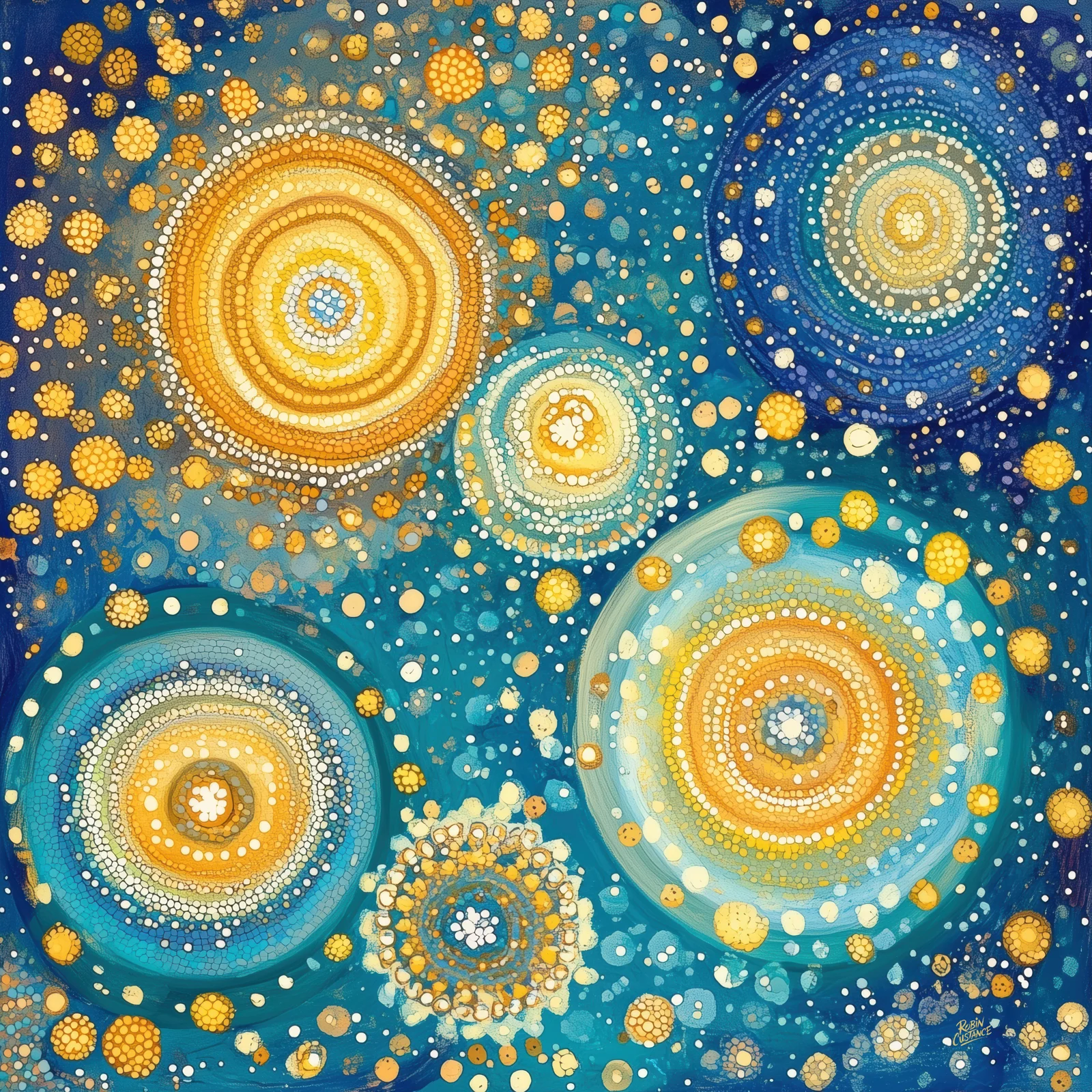 Large concentric gold, cream and turquoise circles surrounded by smaller dots and rings across a deep blue square abstract composition.