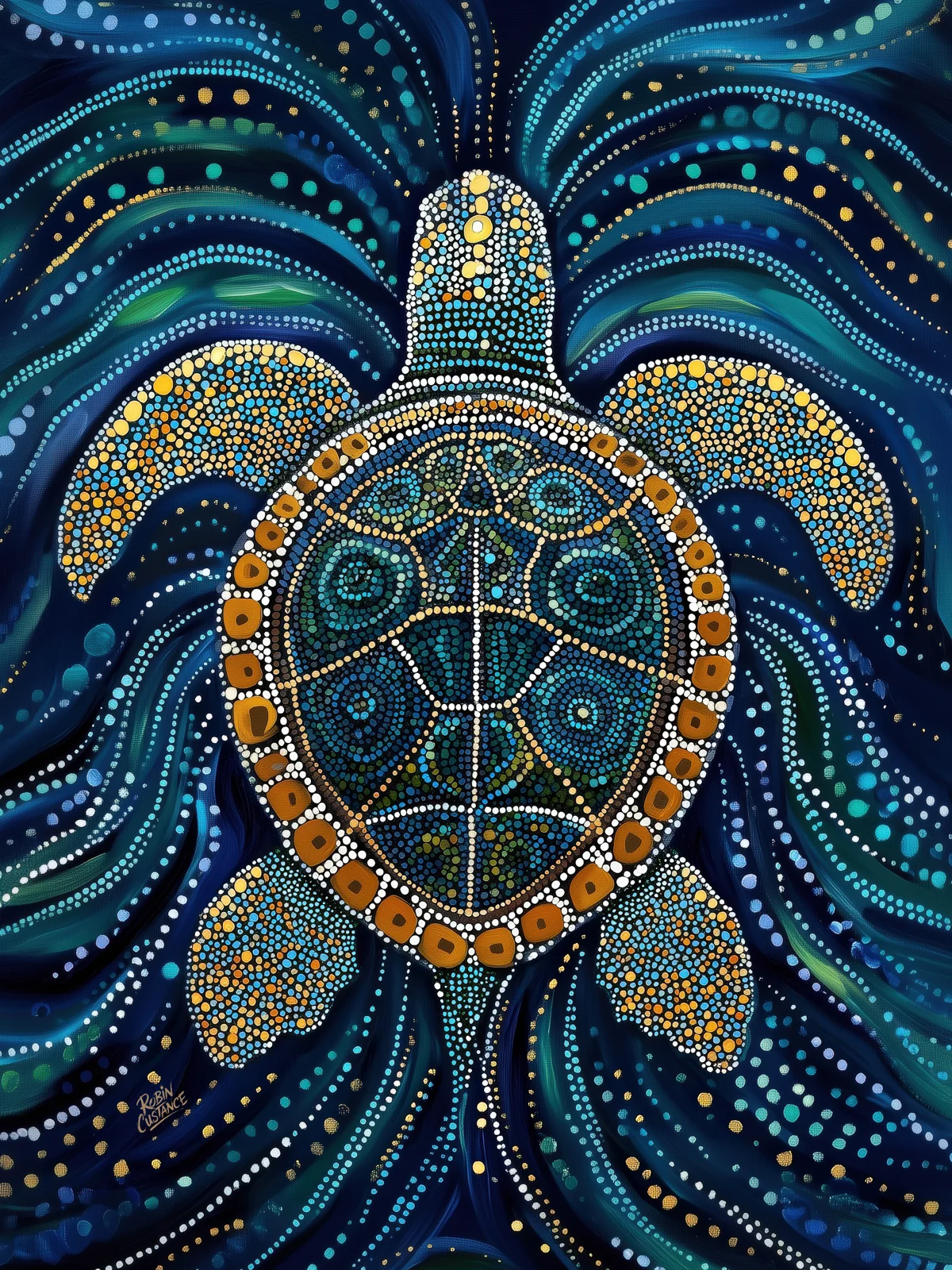 Seen from above, a sea turtle glides through deep navy and turquoise currents while gold, teal and pale-blue dots pick out the shell and flippers.