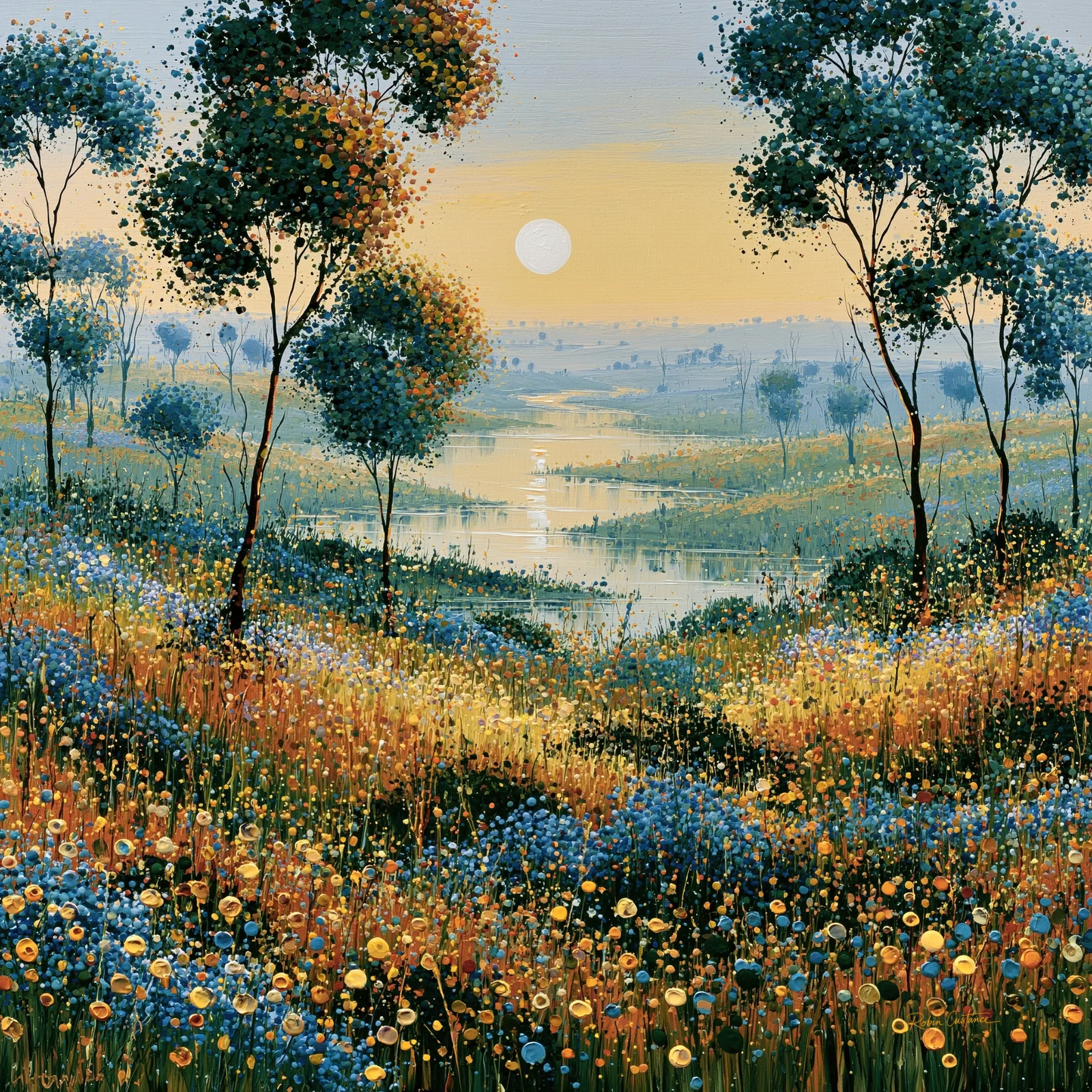 Tall slender trees with rounded blue-green canopies frame a winding pale river beneath a white sun, with dense blue and golden flower-like marks in front.
