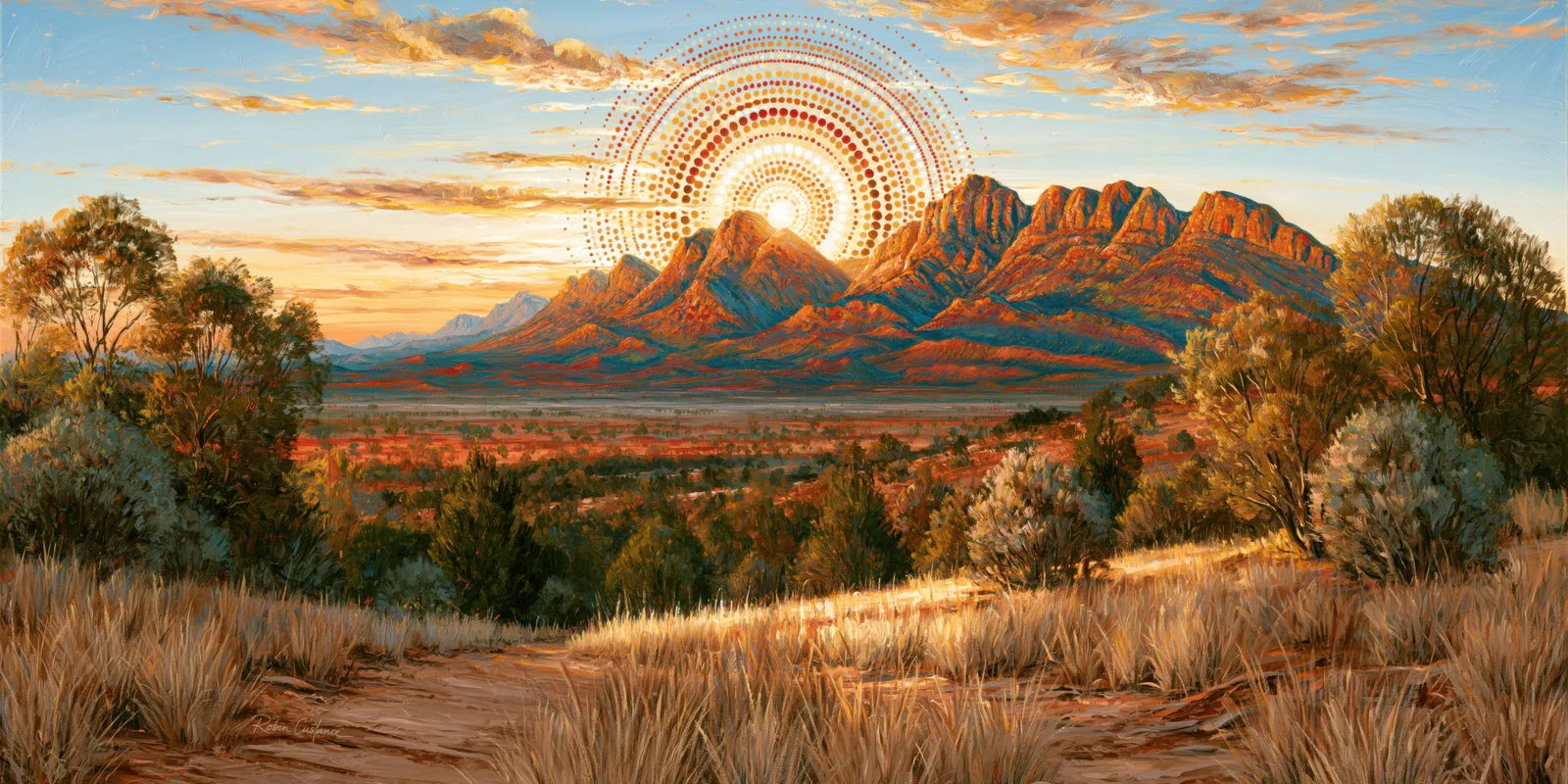 A large orange-and-cream dotted sun-like circle rises behind central red peaks with teal shadows, framed by trees and golden grasses above a rocky foreground.