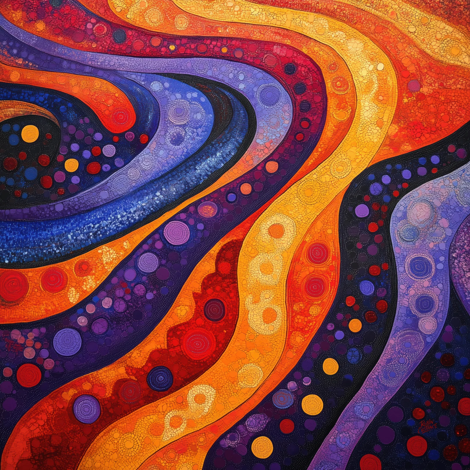 Sweeping bands of orange, red, gold, purple and blue curve across this square abstract, each one carrying its own field of circles and smaller dot-style marks.