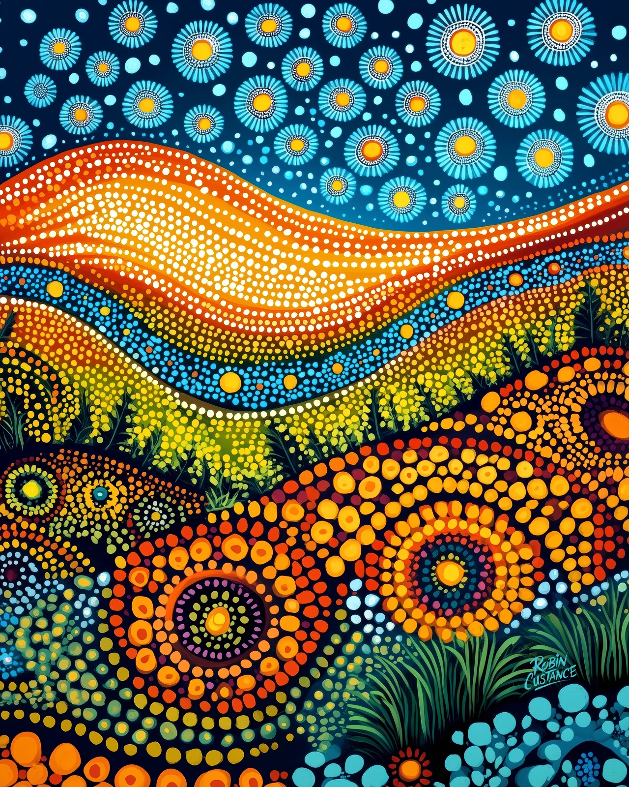 Portrait-format Aboriginal-inspired dot art landscape with glowing ochre hills, turquoise starbursts, dotted pathways and colourful patterned foreground plants.