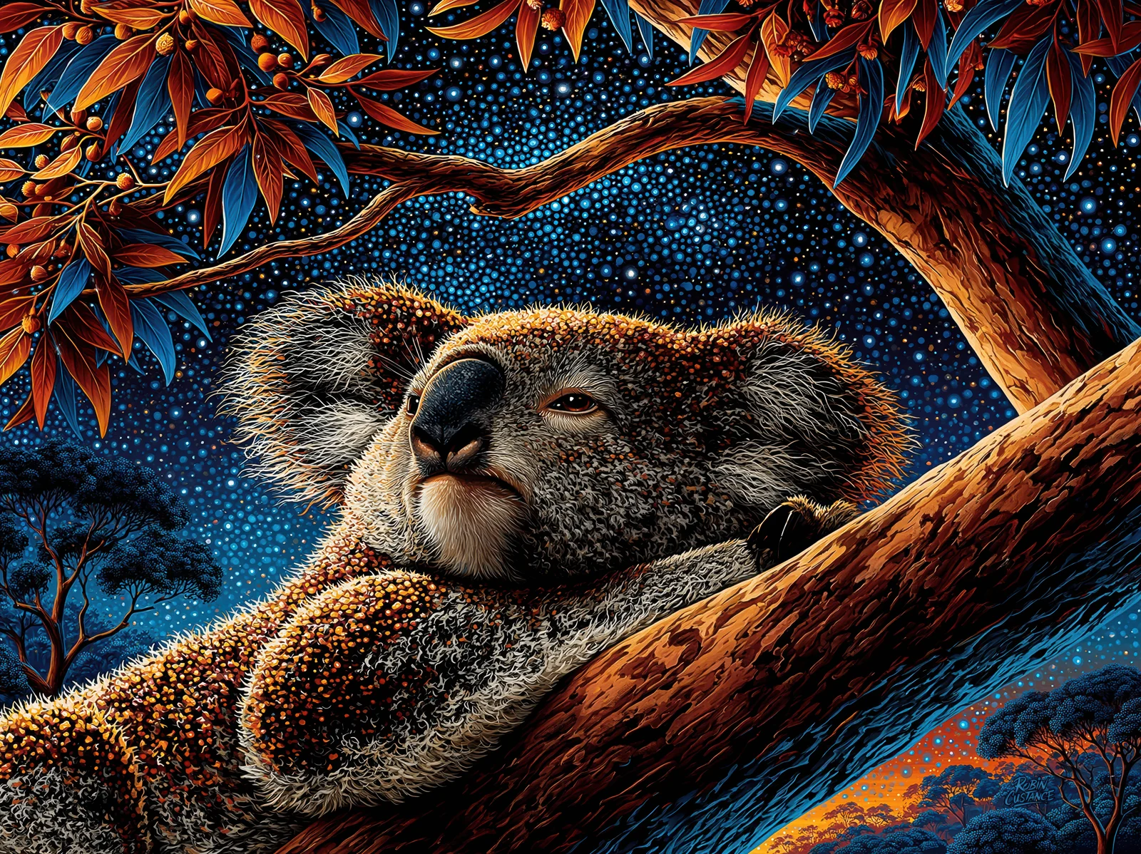A koala settles into the broad fork of a tree beneath deep blue starlight, surrounded by warm orange-brown leaves and branches.