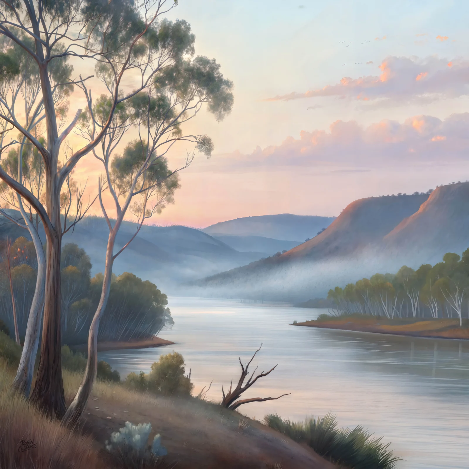 Tall trees frame a calm river as soft mist settles between distant blue ridges and the sky warms with pale pink and cream.