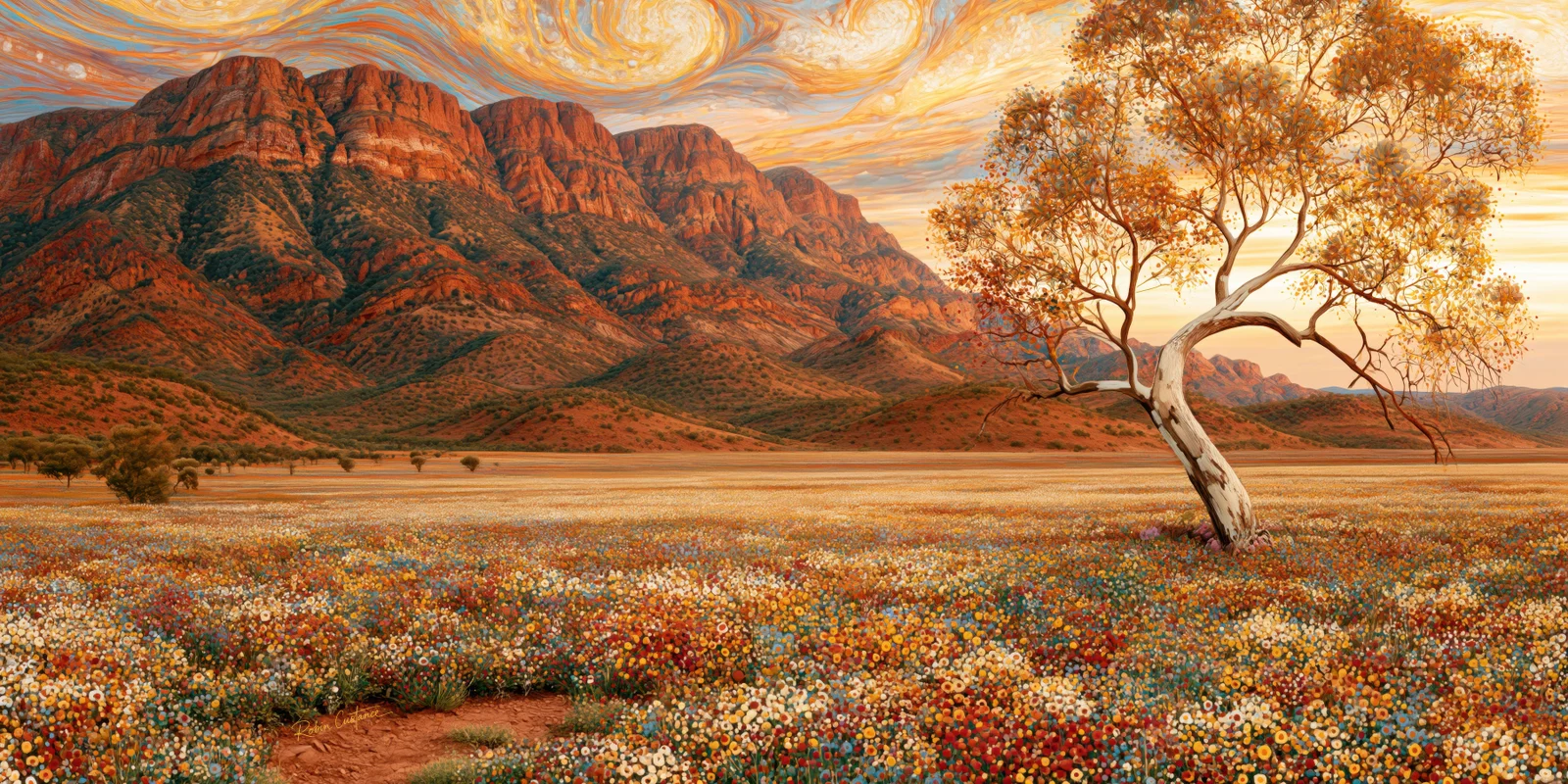 A pale bending tree on the right stands in a cream, red and teal flower-dotted field below a red mountain ridge and swirling bands of gold, cream and blue sky.