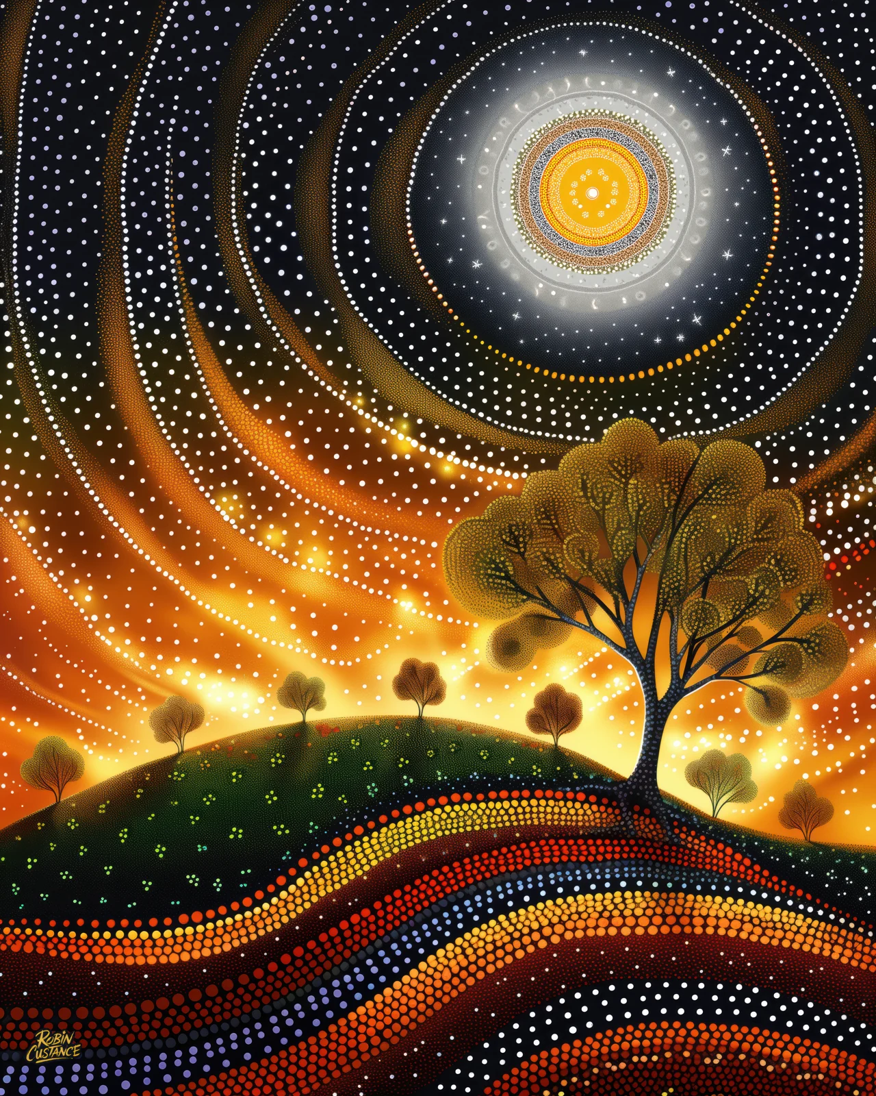 A bright circular moon hangs above rolling black, orange and red hills, with a single foreground tree and smaller silhouettes catching the last glow along the horizon.
