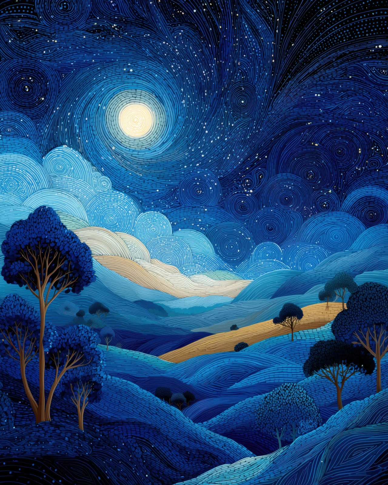 A bright full moon hangs above layered blue hills and small dark trees, surrounded by a richly textured night sky of swirling bands and star-like marks.