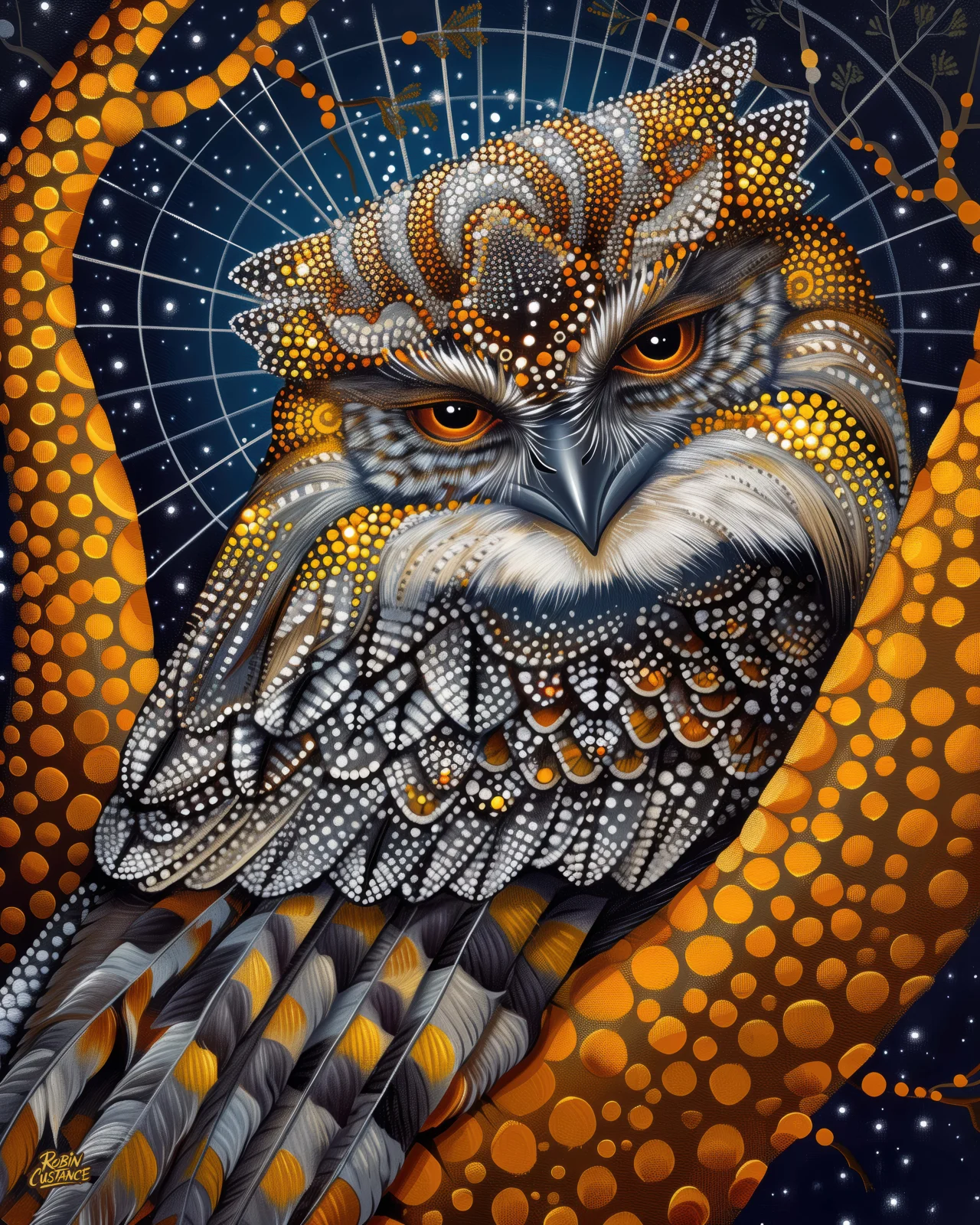 A broad-faced night bird fills the frame with intense amber eyes, layered grey-brown feathers and dense white, orange and gold dot-style detail.