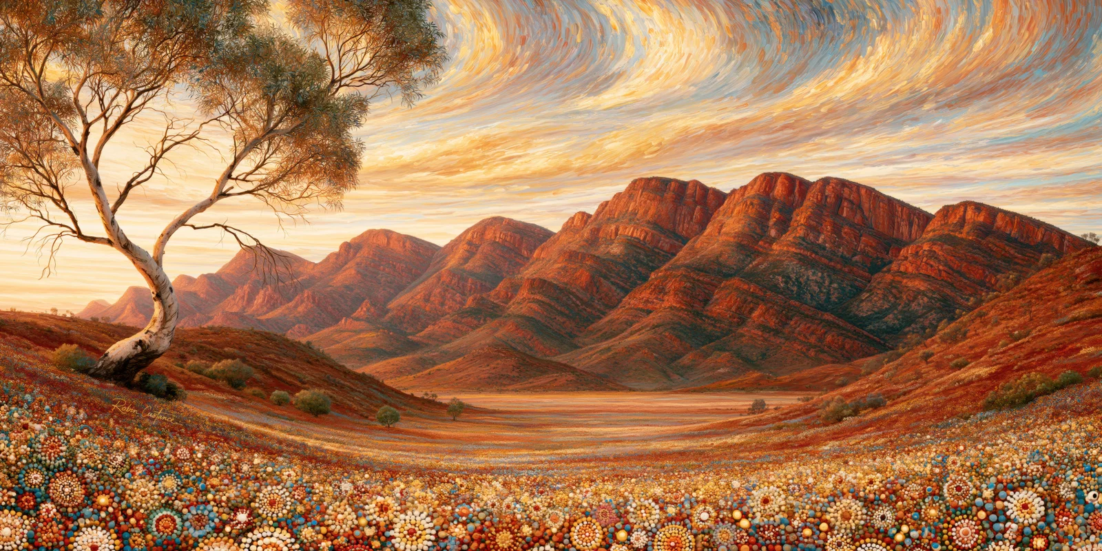 A pale curved tree stands at left above a wide bowl-shaped valley filled with orange, cream and blue floral bands, facing red ranges beneath a streaked golden sky.