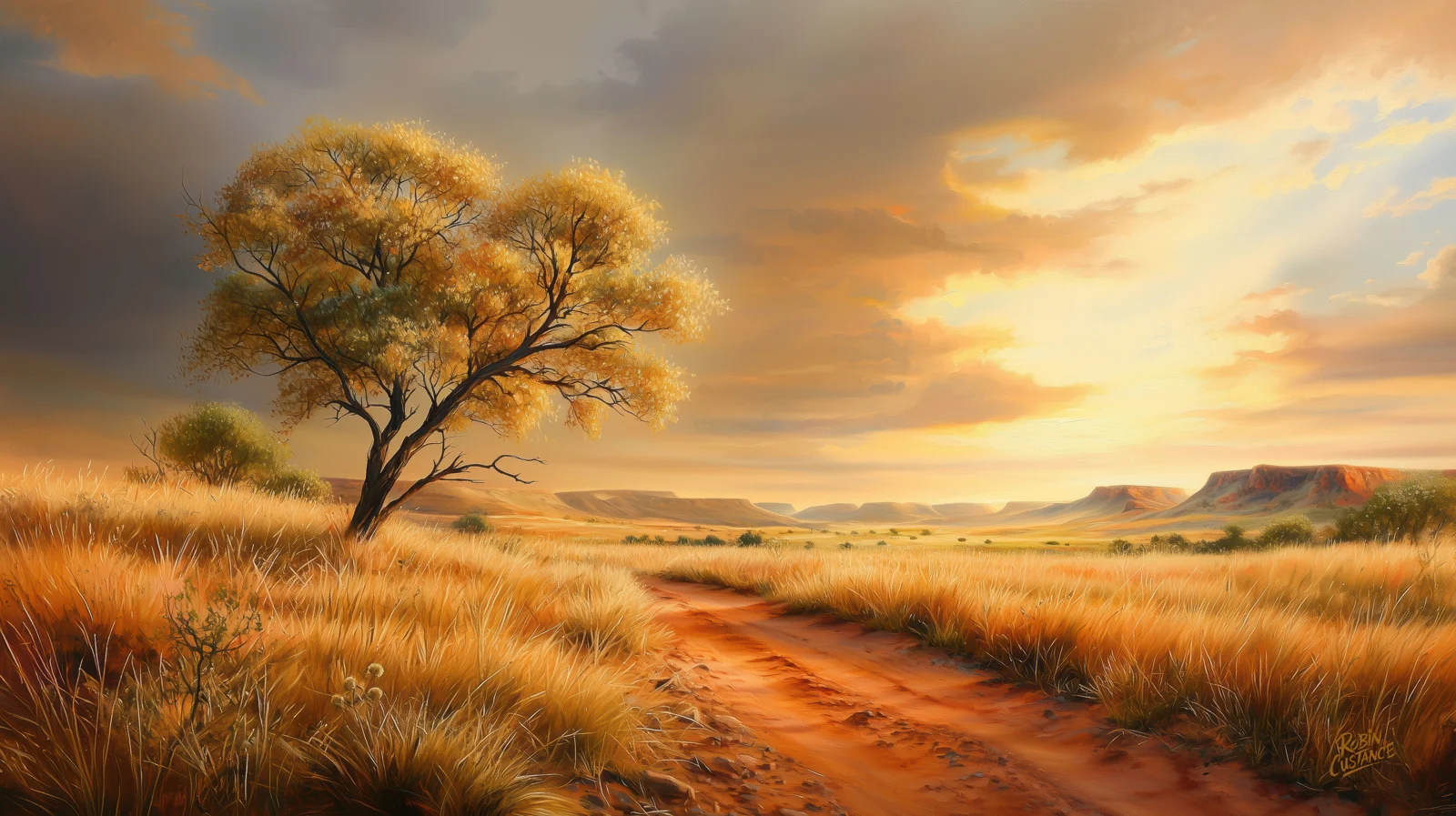 Red dirt track through golden grass, a large golden-leaved tree on the left and low stepped ranges beneath an amber evening sky.