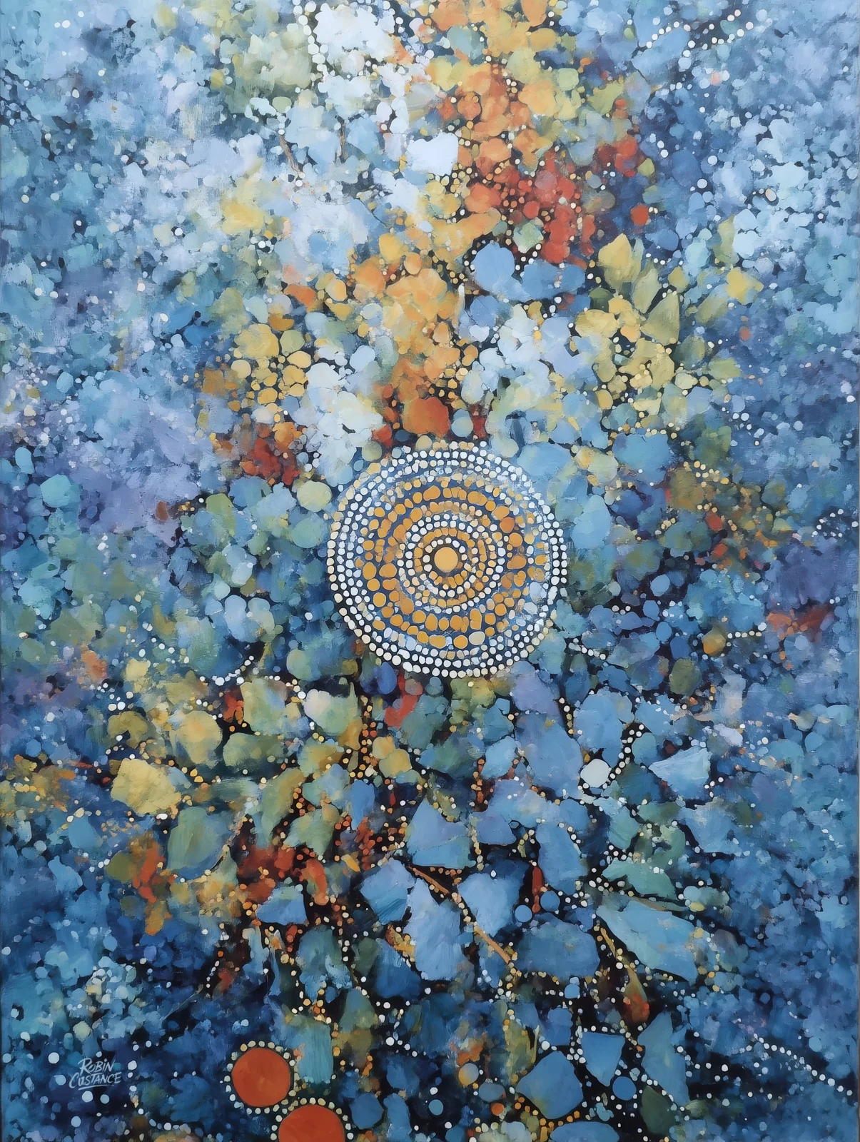 A field of blue-grey, teal and soft gold breaks into mosaic-like patches around a precise circular dot motif, creating an abstract scene that feels part stone, part water and part night sky.