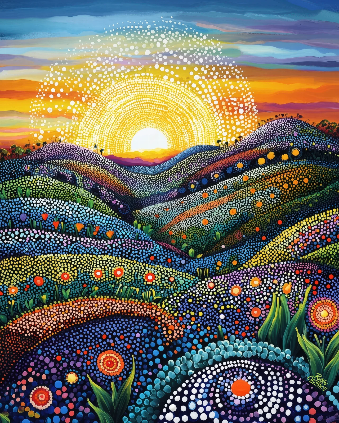 A brilliant sunrise lifts over rolling hills filled with blue, green, orange and white dot-style detail, turning the whole vertical landscape into a field of colour.