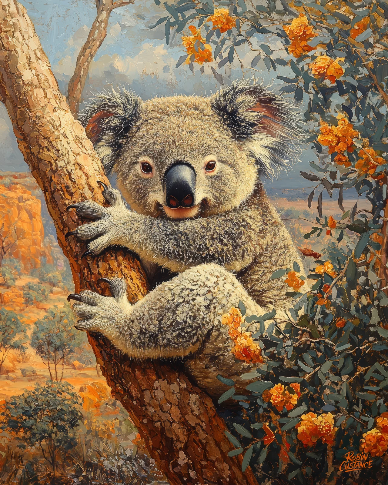 A koala hugs a textured tree trunk beside clusters of orange blossoms, its soft gray fur and calm face set against a warm bush landscape.