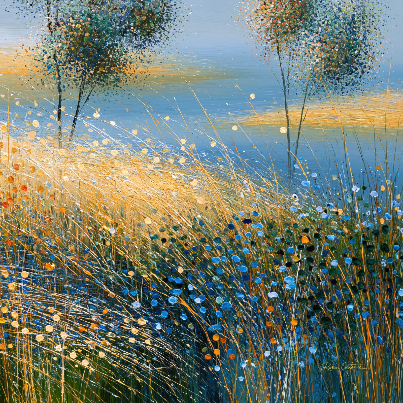 Golden and cream grass-like lines sweep across dense blue floral marks, with two rounded tree canopies above and a soft blue-and-gold background.