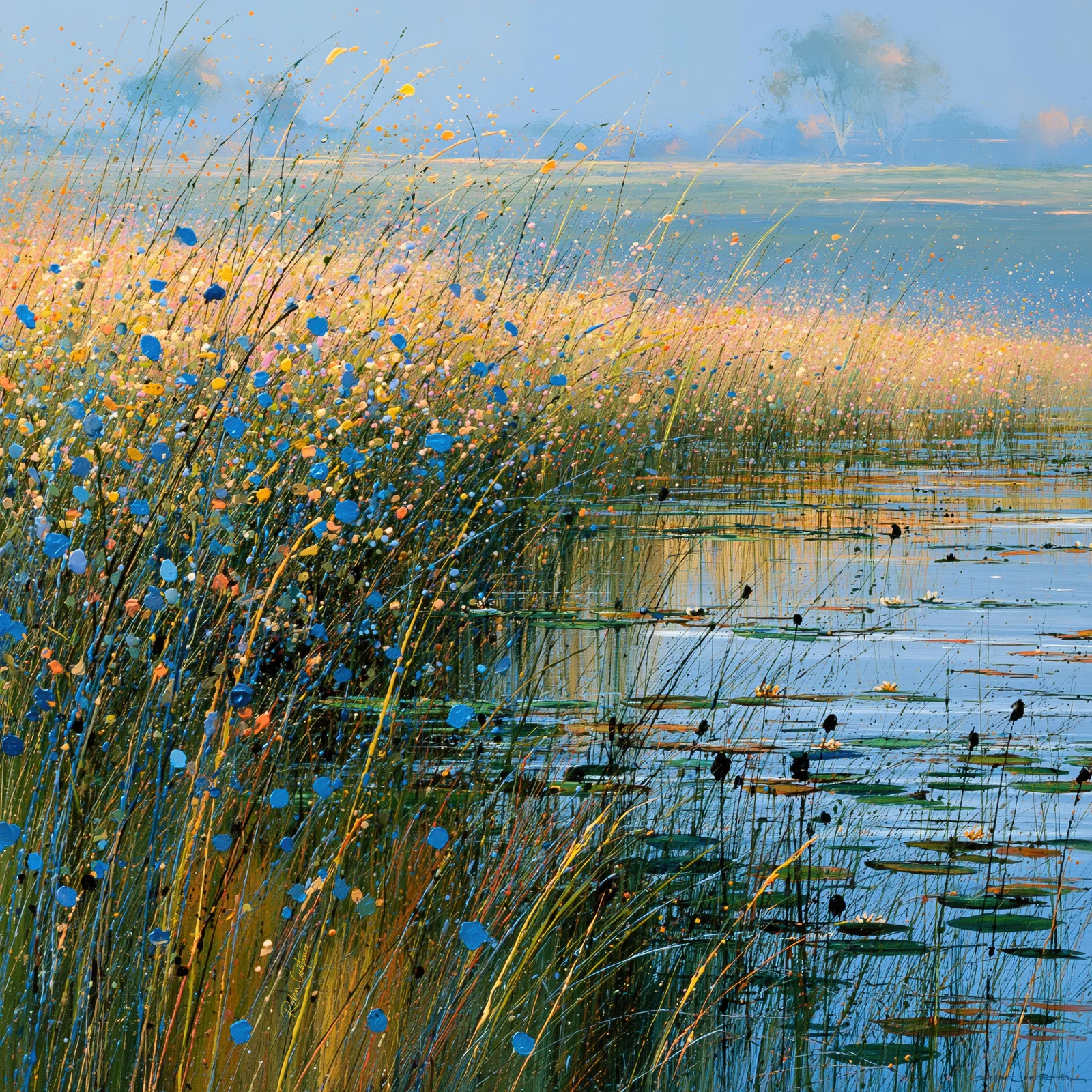 Dense golden stems with cobalt-blue, peach and cream marks fill the left foreground beside pale blue water, green horizontal surface marks and hazy distant trees.