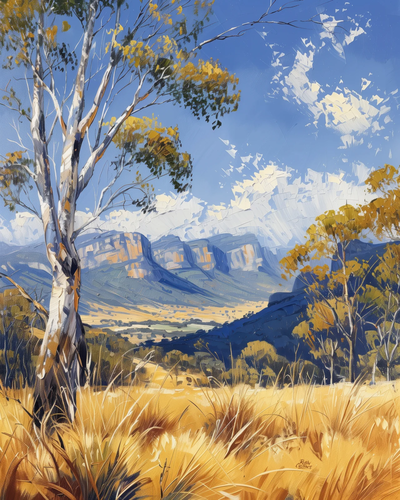 A pale-trunked tree rises through golden grass while layered blue-grey ranges stretch across the distance beneath a clear blue sky.
