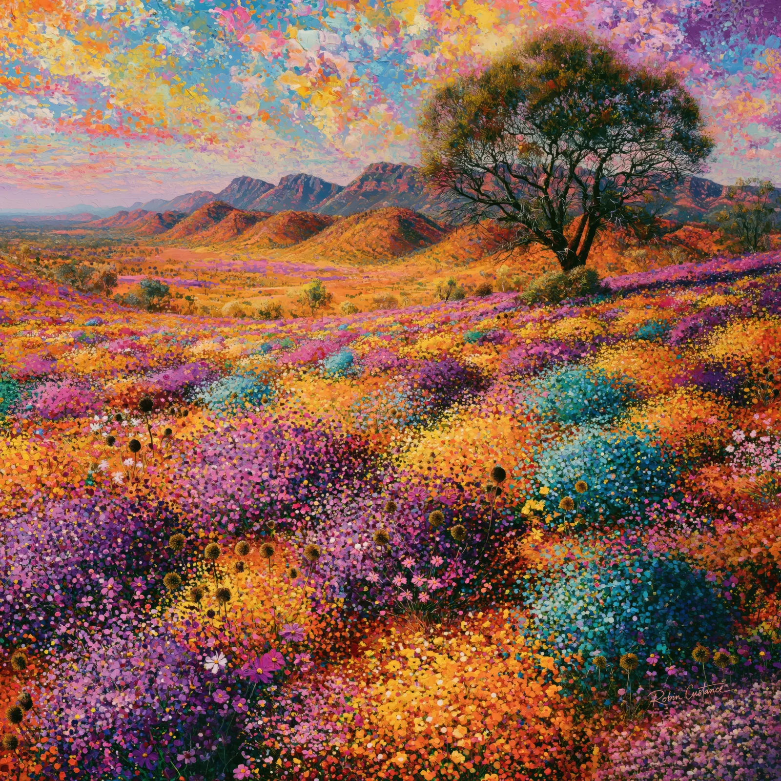 A lone tree stands above an exuberant valley of purple, orange, pink, blue and gold flower-like colour, with low mountain ranges sitting quietly beneath a bright layered sky.