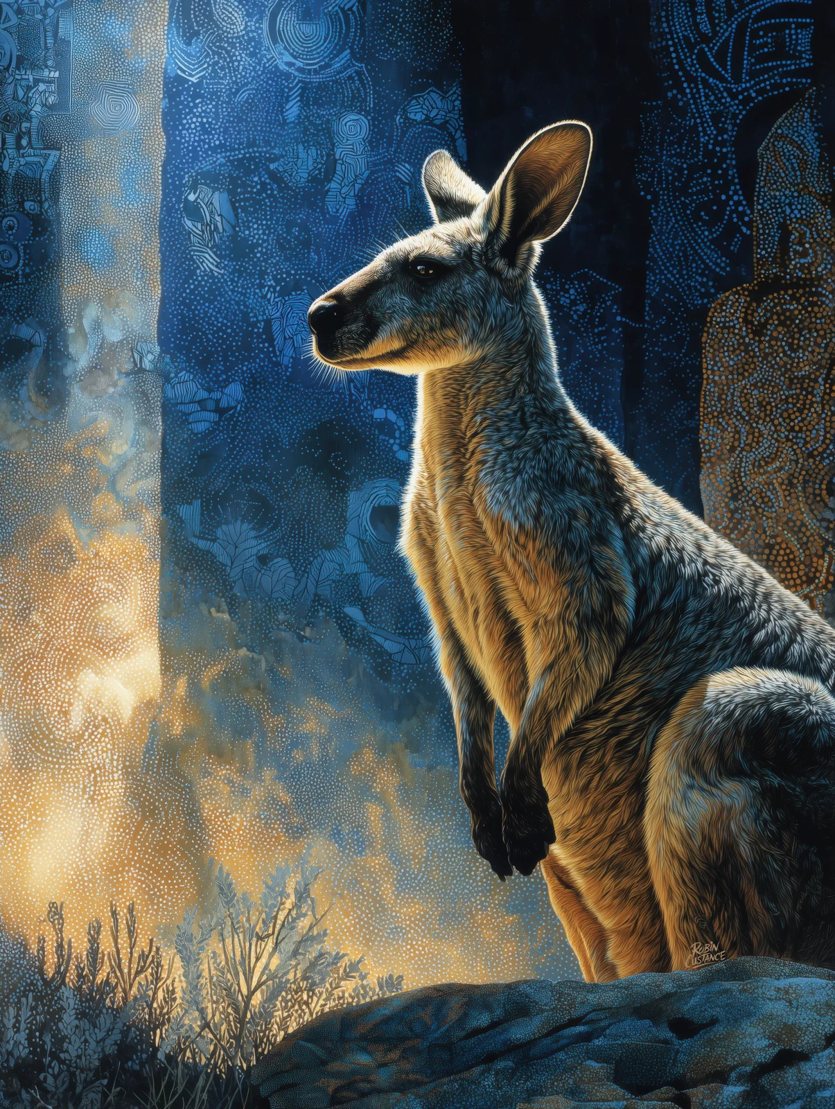 A standing kangaroo looks across the frame from a rocky foreground, lit by warm ochre light against a deep blue atmospheric background.