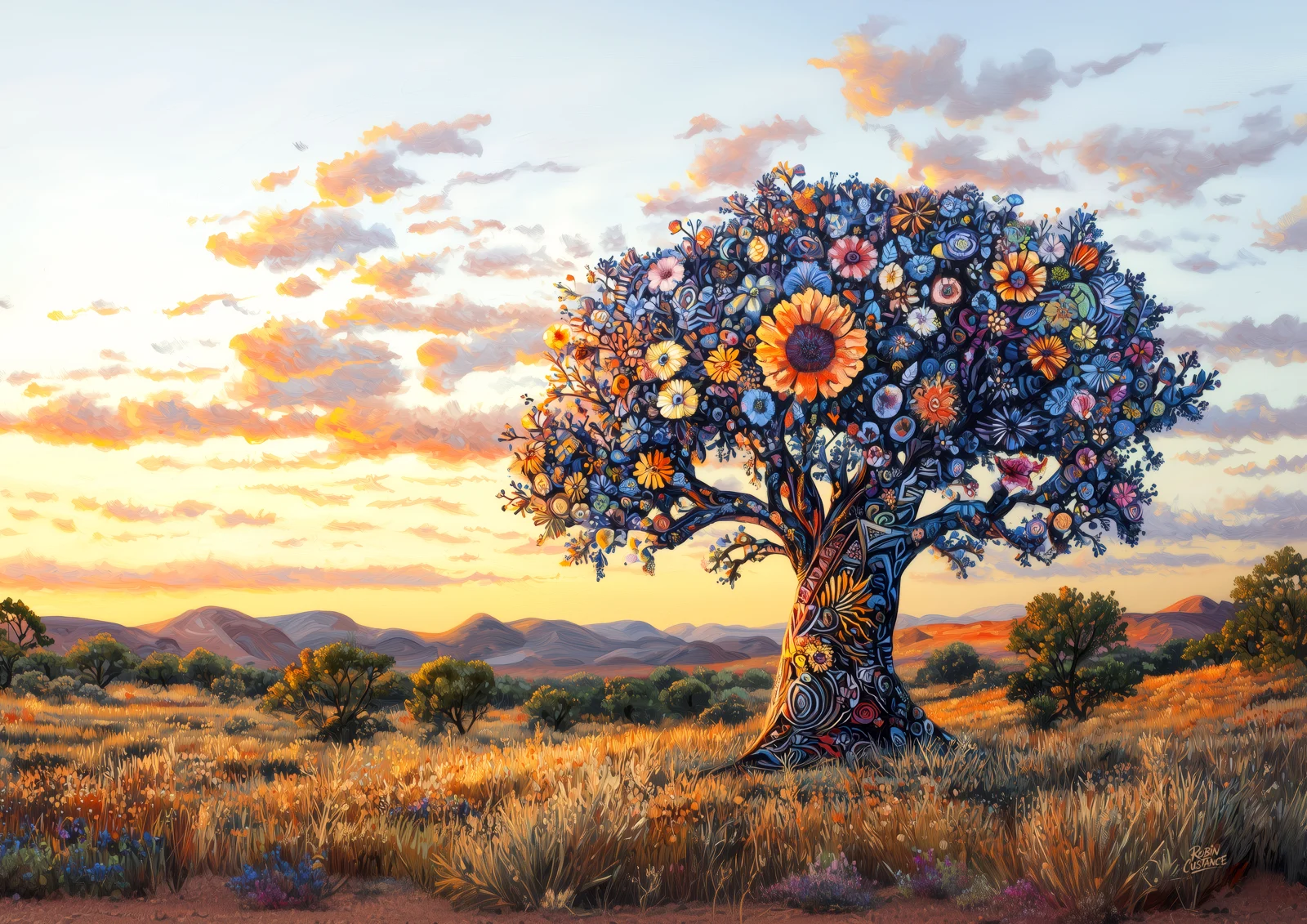 A broad flowering tree stands across open grassland, its canopy packed with blue, orange and cream blooms beneath a soft sunset sky.