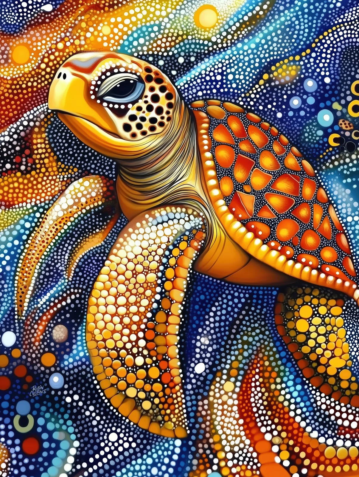 Close golden sea turtle facing upper left, with amber shell segments and curved patterned flippers, surrounded by blue, white and orange dotted bands.