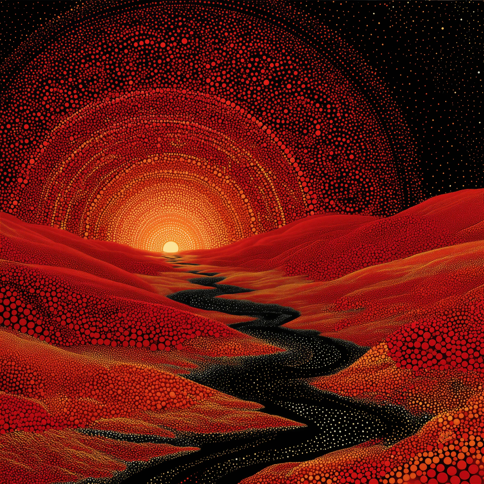 A dark winding path cuts through glowing red hills towards a bright horizon, while thousands of tiny marks spread into a deep black sky.
