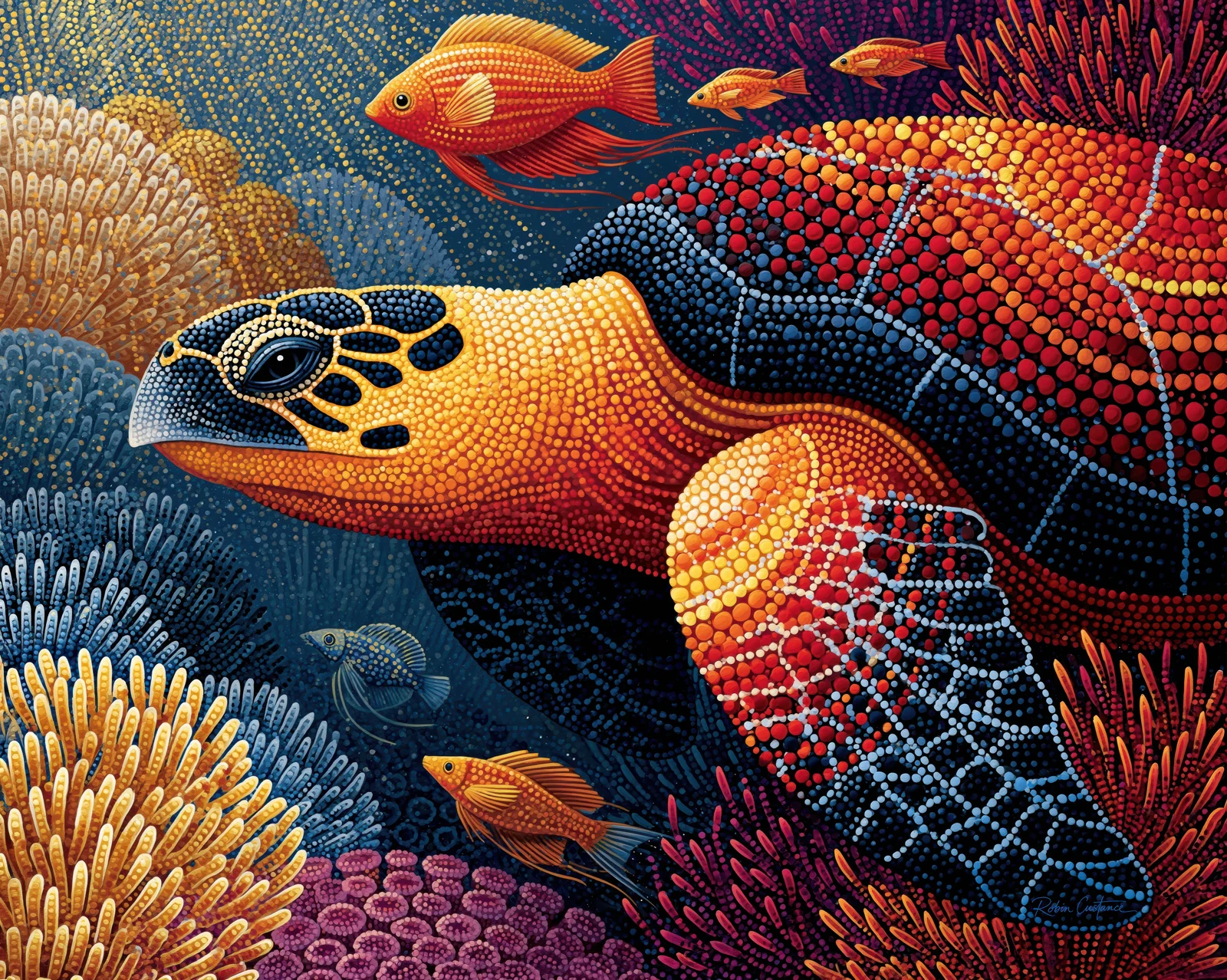 Close sea turtle facing left, with a golden face, a red-blue patterned shell and flipper, small orange fish and cream, blue and pink coral.